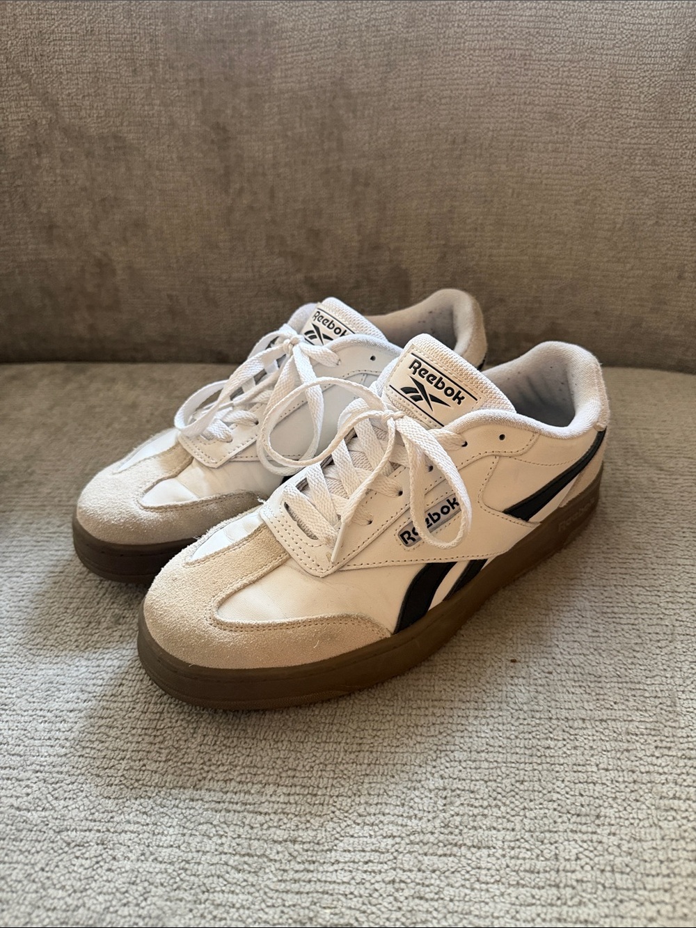 Reebok Women’s White Forte Lounger Sneakers with Navy Stripes and Gum Sole